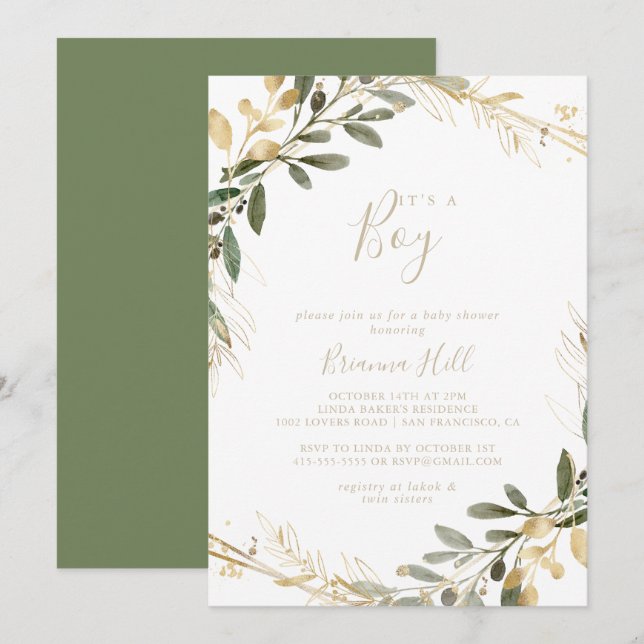 Invitation Géométrique Gold Greenery C'est un Baby shower gar (Devant / Derrière)