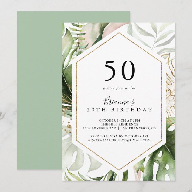 Invitation Géométrique Gold Tropical Green 50e fête d'anniver (Devant / Derrière)