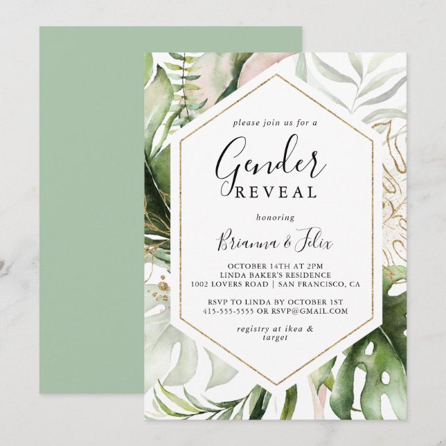 Invitation Géométrique Gold Tropical Green Genre Reveval Part (Devant / Derrière)
