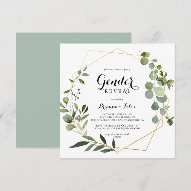 Invitation Géométrique Gold Tropical Green Genre Reveval Part (Devant / Derrière)