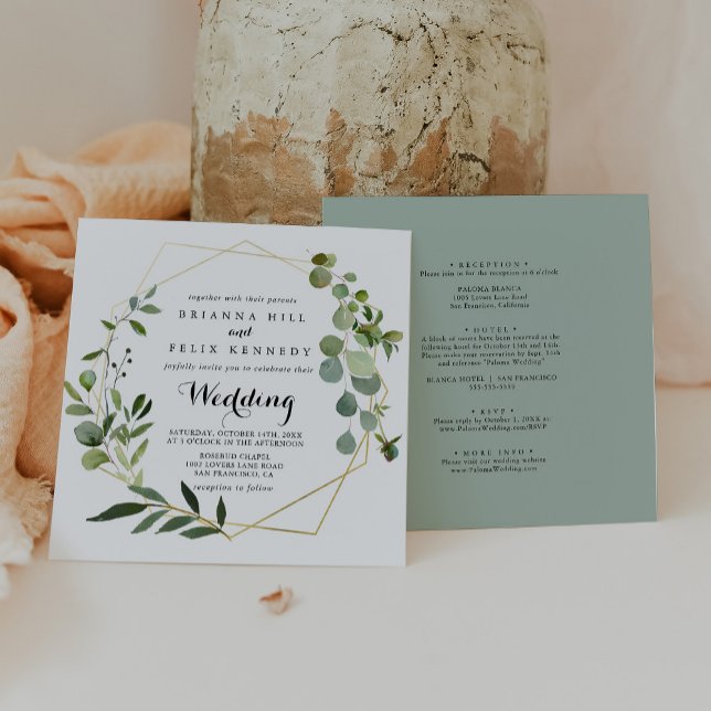 Invitation Géométrique Gold Tropical Vert Mariage avant et ar (Créateur téléchargé)