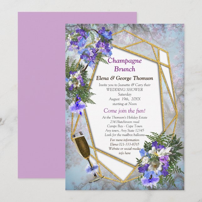 Invitation Géométrique Or & Jacaranda Fleurs Couple Douche (Devant / Derrière)