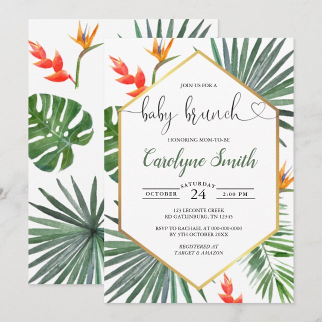 Invitation Géométrique Or Tropical Genre Neutre Bébé Brunch (Devant / Derrière)
