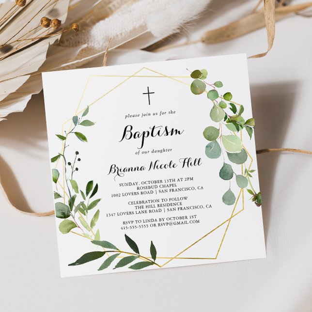 Invitation Géométrique Or Tropical Green Calligraphie Baptême (Créateur téléchargé)
