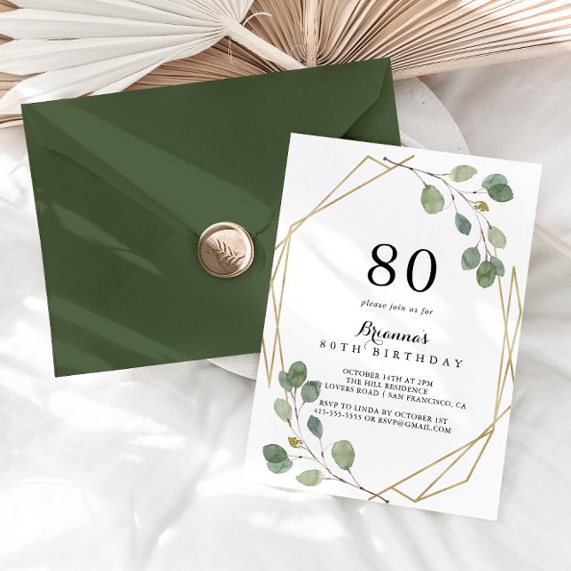 Invitation Géométrique Verdure Eucalyptus fête de 80e anniver (Créateur téléchargé)
