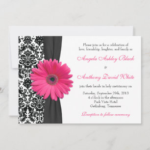 Invitation Gerber Daisy rose noir blanc Mariage damassé