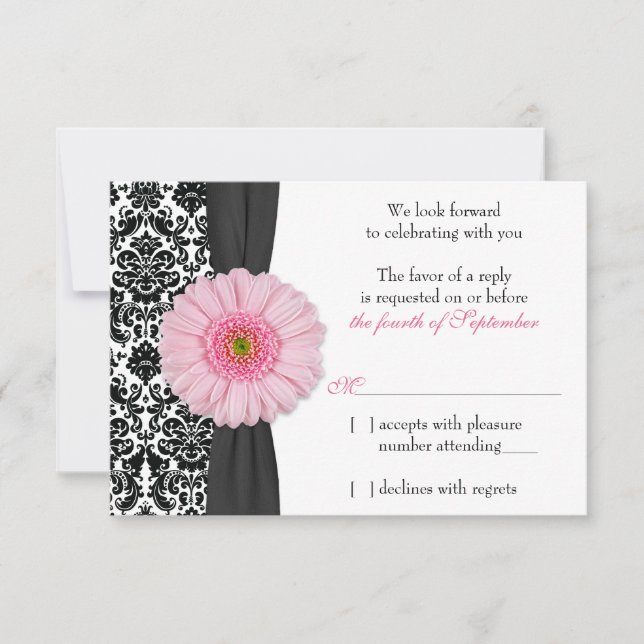 Invitation Gerber Daisy rose pâle Mariage damassé Réponse RSV (Devant)