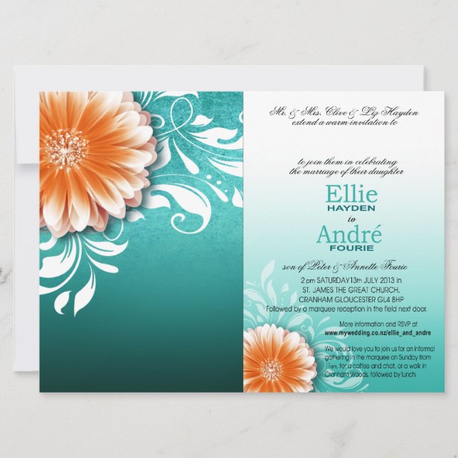 Invitation Gerbera Daisy Couverture de poche orange Aqua (Devant)