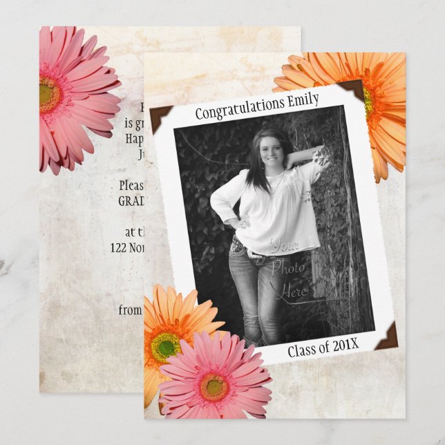 Invitation Gerbera Daisy Filles Photo Graduation (Devant / Derrière)
