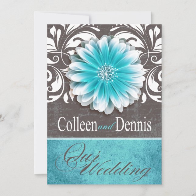 Invitation Gerbera Daisy Scroll 1 Mariage turquoise tableau n (Devant)