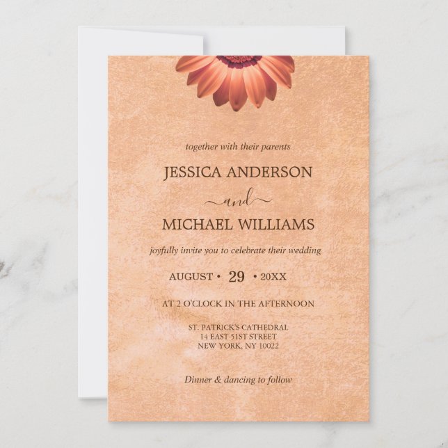 Invitation Gerbera Flower sur Mariage de pêche Abstrait (Devant)