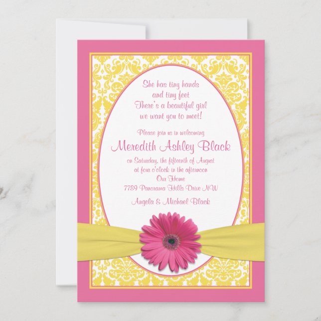 Invitation Gerbera Jaune Rose Marguerite Sip N Voir Baby show (Devant)