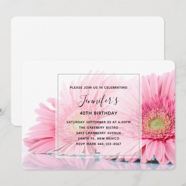 Invitation Gerbera Rose Daisies Élégante Photo Anniversaire (Devant / Derrière)