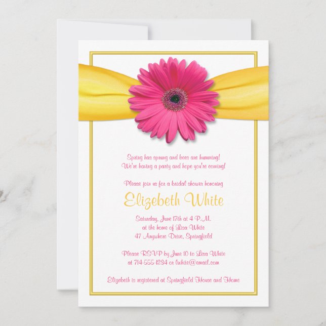Invitation Gerbera rose Fête des mariées de ruban jaune (Devant)