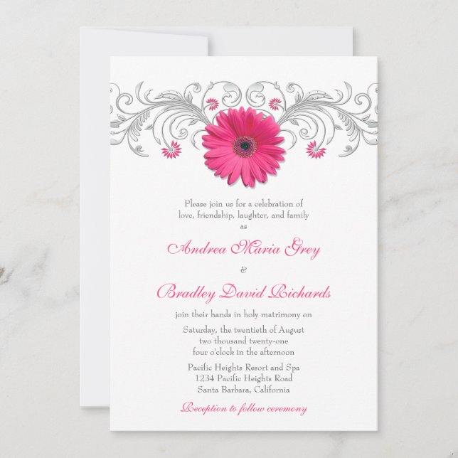 Invitation Gerbera rose Mariage floral argenté (Devant)