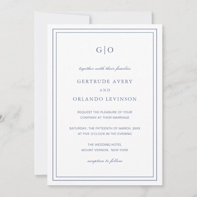 Invitation Gertrude Dusty Bleu Classique Mariage élégant (Devant)