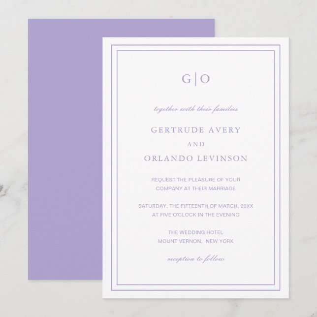 Invitation Gertrude Lavender Classique Mariage Élégant (Devant / Derrière)
