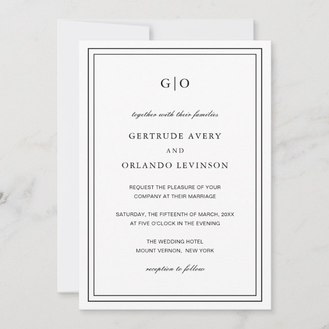 Invitation Gertrude Noir et Blanc Classique Mariage élégant (Devant)