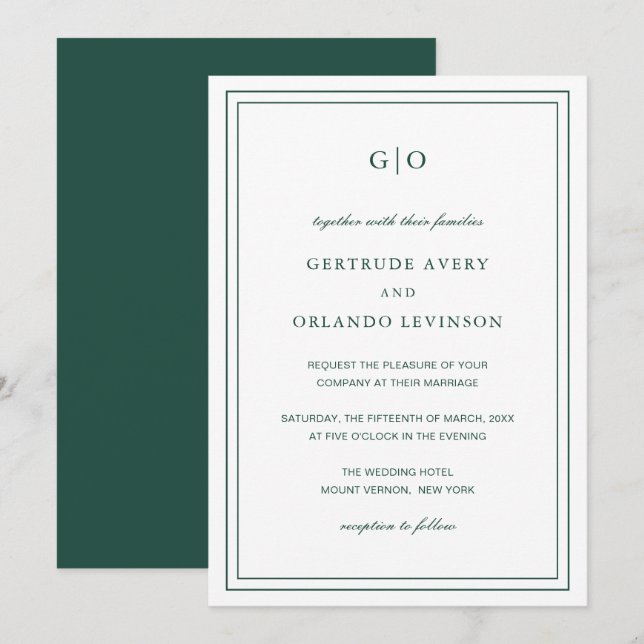 Invitation Gertude Emerald Green Classic Mariage élégant (Devant / Derrière)