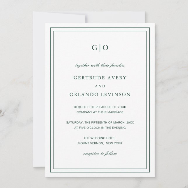 Invitation Gertude Emerald Green Classic Mariage élégant (Devant)
