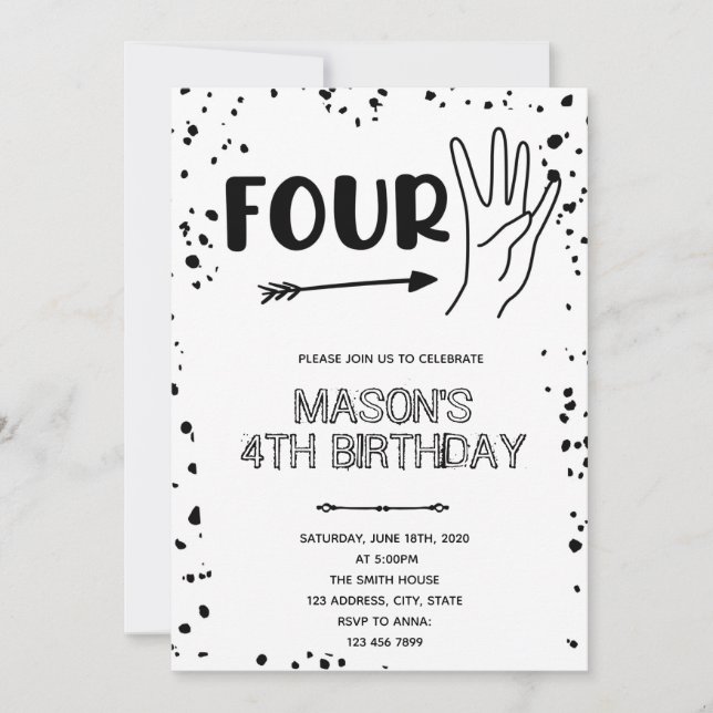 Invitation Geste de la main noir blanc 4e anniversaire (Devant)