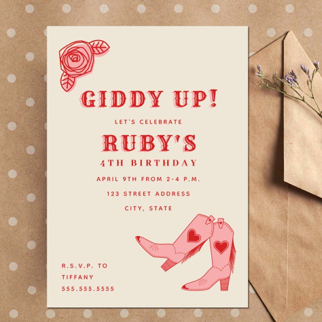 Invitation Giddy Up Rose Cowgirl Boots Rose Anniversaire (Créateur téléchargé)