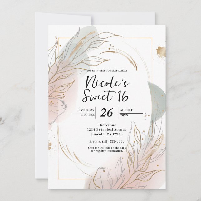 Invitation Gilded Gold Sage & Blush Botanical Sweet 16 (Devant)