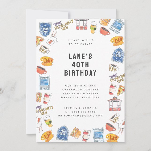 Invitation Gilmore Girls Aquarelle Icônes Anniversaire (Devant)