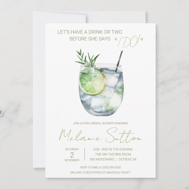 Invitation Gin & Tonic, Cocktail, Boissons, Fête des mariées (Devant)