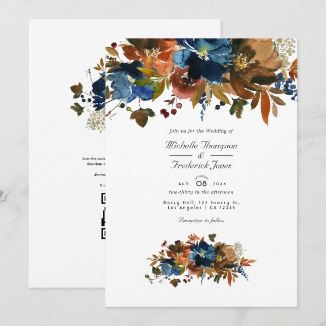 Invitation Gingembre et marine Floral QR Code RSVP Mariage (Devant / Derrière)