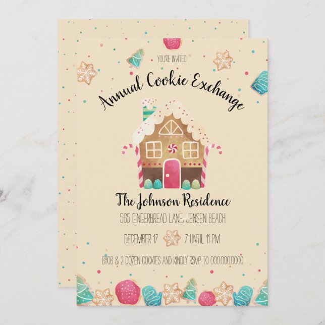 Invitation Gingerbread House Cute Holiday Cookie Exchange (Devant / Derrière)