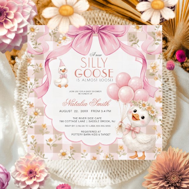 Invitation Gingham All in One Silly Goose Bow Baby Shower  (Créateur téléchargé)