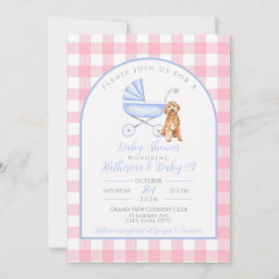 Invitation Gingham Baby Shower Fille Chien Mignon