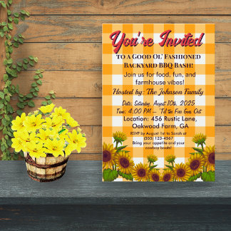 Invitation Gingham BBQ Invite Barn Style Backyard Party  