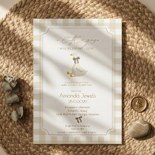 Invitation Gingham Beige Petit Oie Marron Ruban Baby Shower