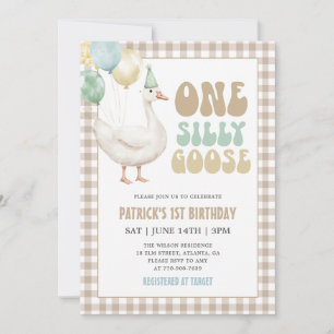 Invitation Gingham Beige Une Oie Ridicule 1er Anniversaire
