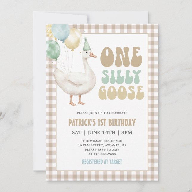 Invitation Gingham Beige Une Oie Ridicule 1er Anniversaire (Devant)