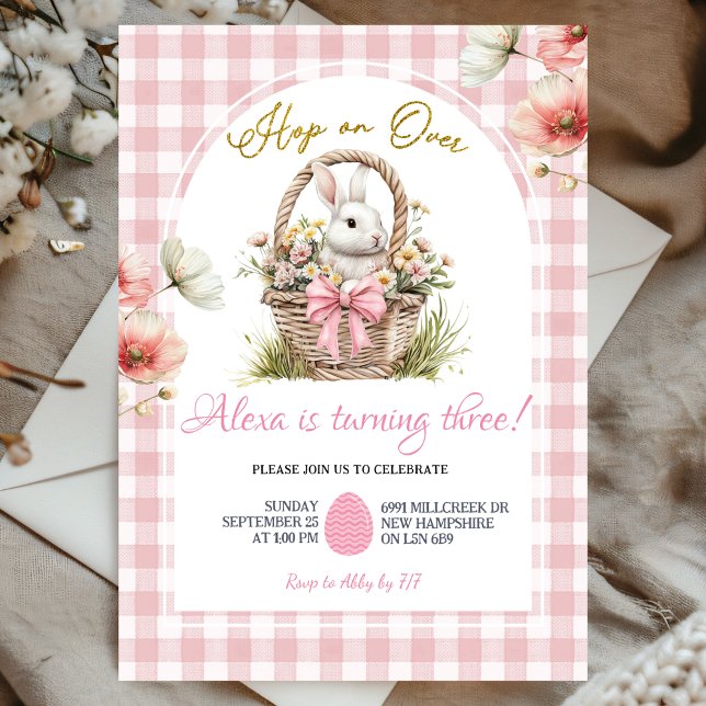 Invitation Gingham Boho Pink Bow Floral Easter Bunny Birthday (Créateur téléchargé)