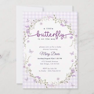 Invitation Gingham Boho Printemps Lavande Papillon Baby Showe