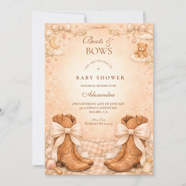 Invitation Gingham Boots And Bows Baby Shower (Devant)