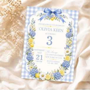 Invitation Gingham Citron Élégant Hortensia Bleu Lemon