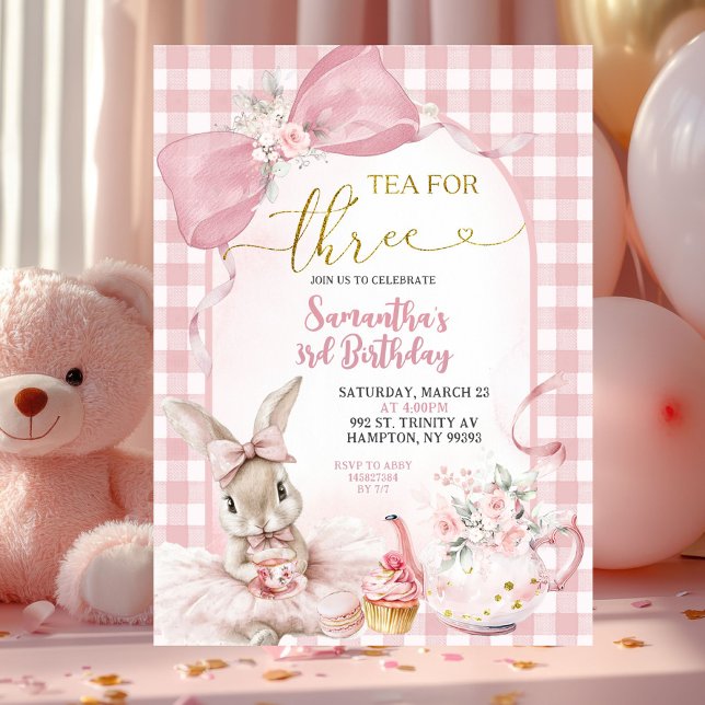 Invitation Gingham Coquette Pink Floral Bunny Third Birthday (Créateur téléchargé)
