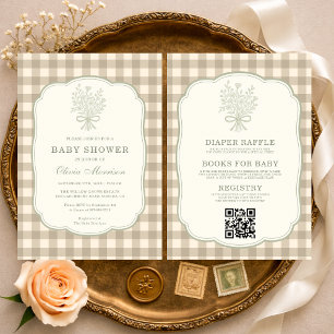 Invitation Gingham Fleurs Neutres Nœud Combinaison Bébé Showe