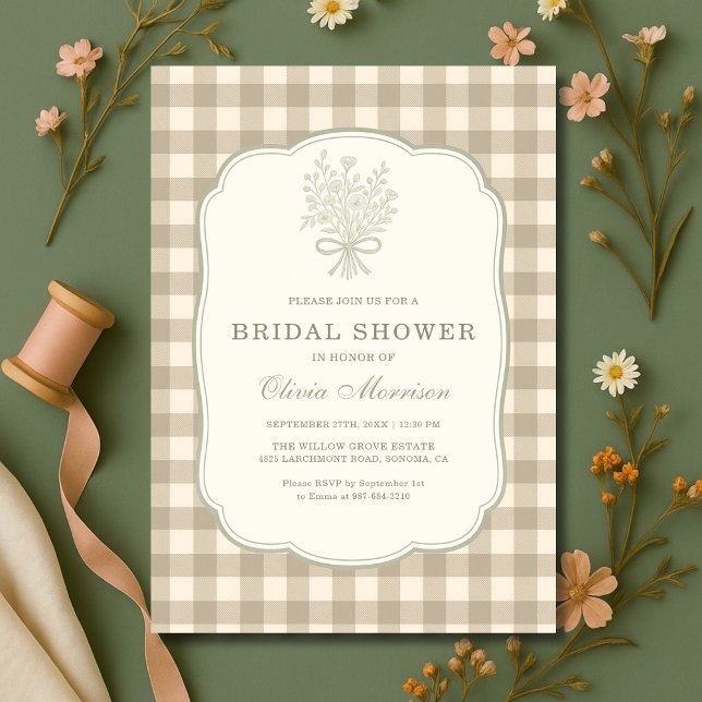 Invitation Gingham Floral Bow Beige Ivory Bridal Shower (Créateur téléchargé)