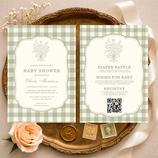 Invitation Gingham Floral Bow QR Code All in One Baby Shower (Créateur téléchargé)