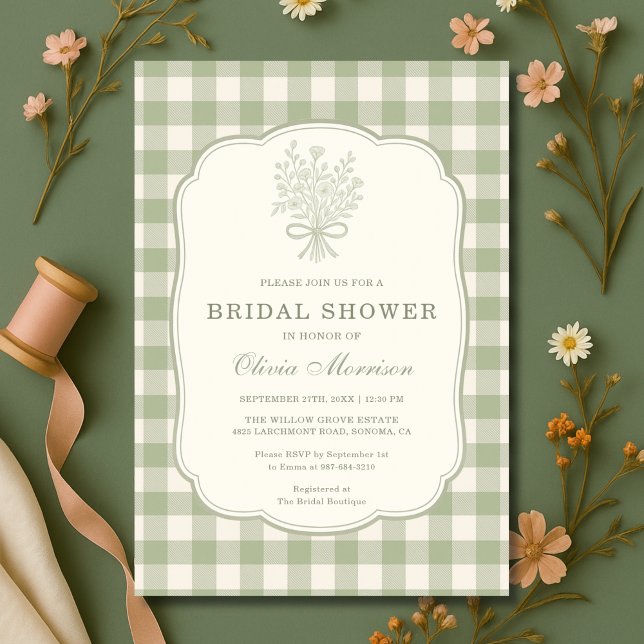 Invitation Gingham Floral Bow Sage Green Bridal Shower (Créateur téléchargé)