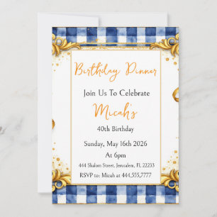 Invitation Gingham Luxe Moderne Tendance Chic Bleu Blanc Or