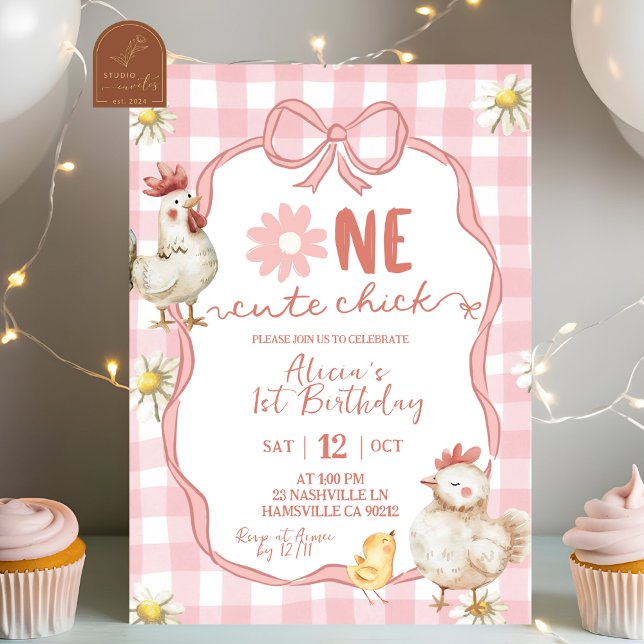 Invitation Gingham Pink Daisy One Cute Chick 1st Birthday (Créateur téléchargé)