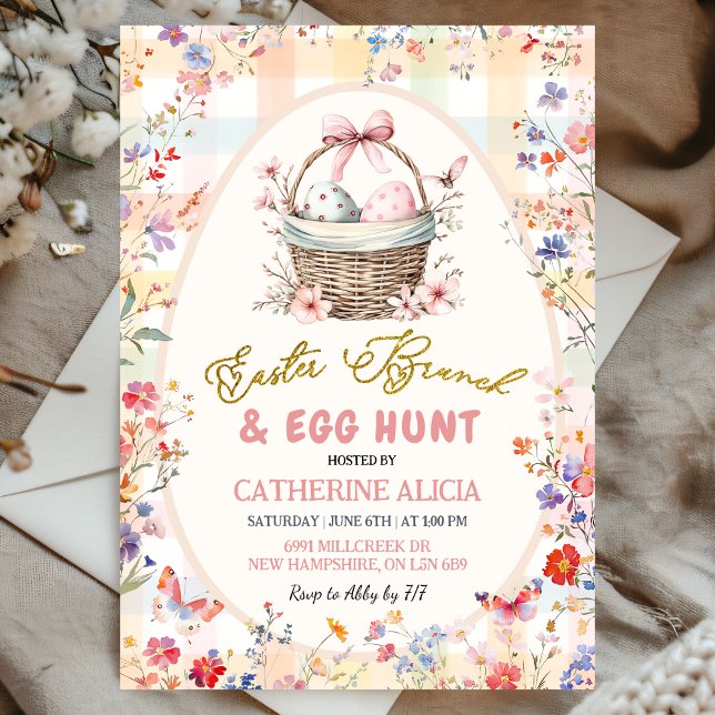 Invitation Gingham Pink Wildflower Easter Egg Hunt and Brunch (Créateur téléchargé)