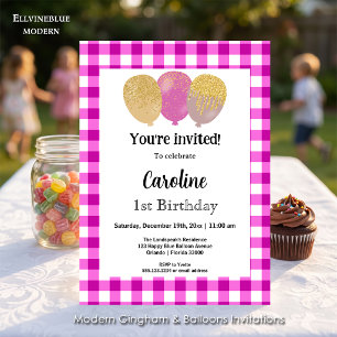 Invitation Gingham rose, Ballons de fête 1er anniversaire